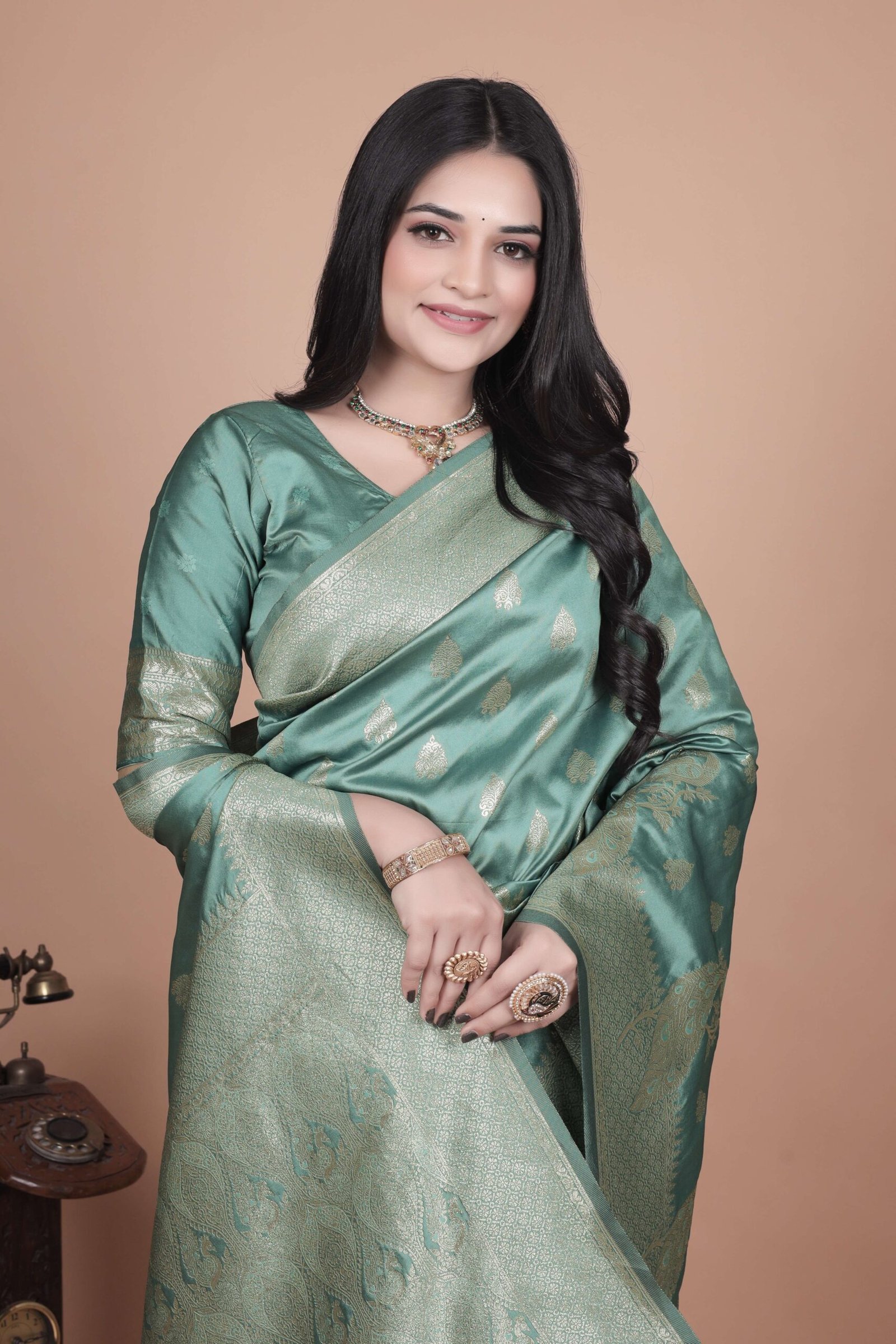 Mint Green Banarasi Silk Saree with Golden Zari & Peacock Design | Wedding, Festive & Traditional Wear | Designer Saree - Image 4